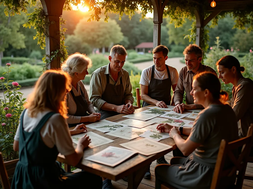 Historical Garden Research Meeting at Sunset - A tranquil evening scene of a diverse group of garden enthusiasts gathered on a Victorian-style garden porch, illuminated by warm sunset light. They're examining antique botanical illustrations and heritage seed catalogs spread across a weathered wooden table. The surrounding heritage garden features heirloom roses, ancient apple trees, and traditional herb beds arranged in historical knot garden patterns. Shot with a wide-angle perspective capturing both the intimate group discussion and the historical garden backdrop, with golden hour lighting creating long shadows across meticulously maintained period-accurate garden paths. Professional photography with shallow depth of field highlighting the authentic vintage gardening tools and preserved plant specimens on display.