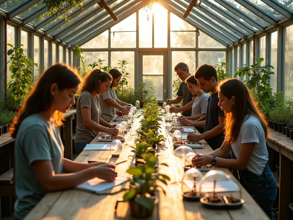 Modern Garden Propagation Workshop - A bright, well-organized greenhouse-style workspace in a backyard setting during golden hour, featuring a long wooden workbench with multiple propagation stations. The space includes rows of clear propagation domes with growing seedlings, professional grafting tools neatly arranged, and detailed botanical illustrations on wall charts. Soft natural light filters through the glass panels, illuminating various propagation experiments: suspended water propagation in crystal-clear vessels, rooting hormone applications, and carefully labeled seed starting trays. A group of gardeners in casual attire are gathered around a central demonstration area, where an expert is showing detailed stem-cutting techniques. The scene is captured from a three-quarter angle, showcasing both the technical setup and the collaborative learning environment, with lush mature plants visible through the greenhouse windows providing an inspiring backdrop.