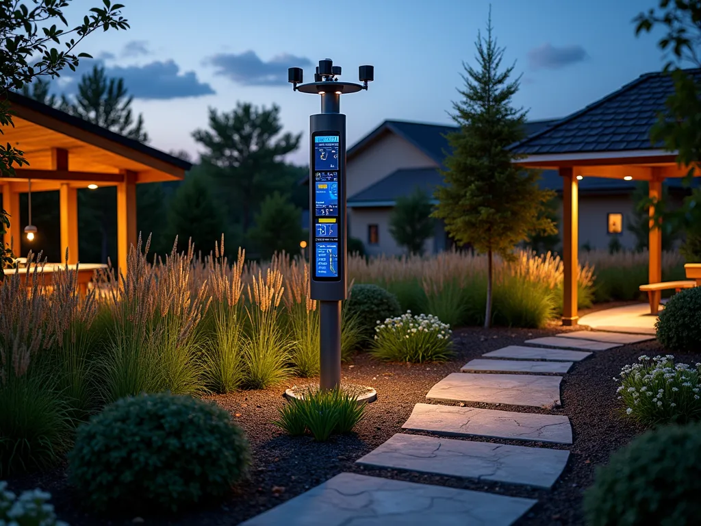 Modern Garden Weather Station Hub - A stunning dusk photograph of a contemporary garden weather station hub nestled within a community garden setting. The sleek, modern weather station tower stands 6 feet tall, equipped with digital displays and solar-powered sensors, centered in a circular garden bed. The station features multiple monitoring devices for temperature, rainfall, wind speed, and humidity, with soft LED lighting illuminating the displays. Surrounding the station is a thoughtfully designed garden with ornamental grasses and native plants swaying in the evening breeze. A curved stone pathway leads to a small covered seating area where garden club members can gather to analyze data. The scene is captured with golden hour lighting casting long shadows across the garden, while the digital displays emit a subtle blue glow. Shot with dramatic perspective, showcasing both the technical equipment and the natural landscape integration, with morning dew visible on the foliage. Professional landscape lighting highlights key features, creating an atmospheric blend of technology and nature.