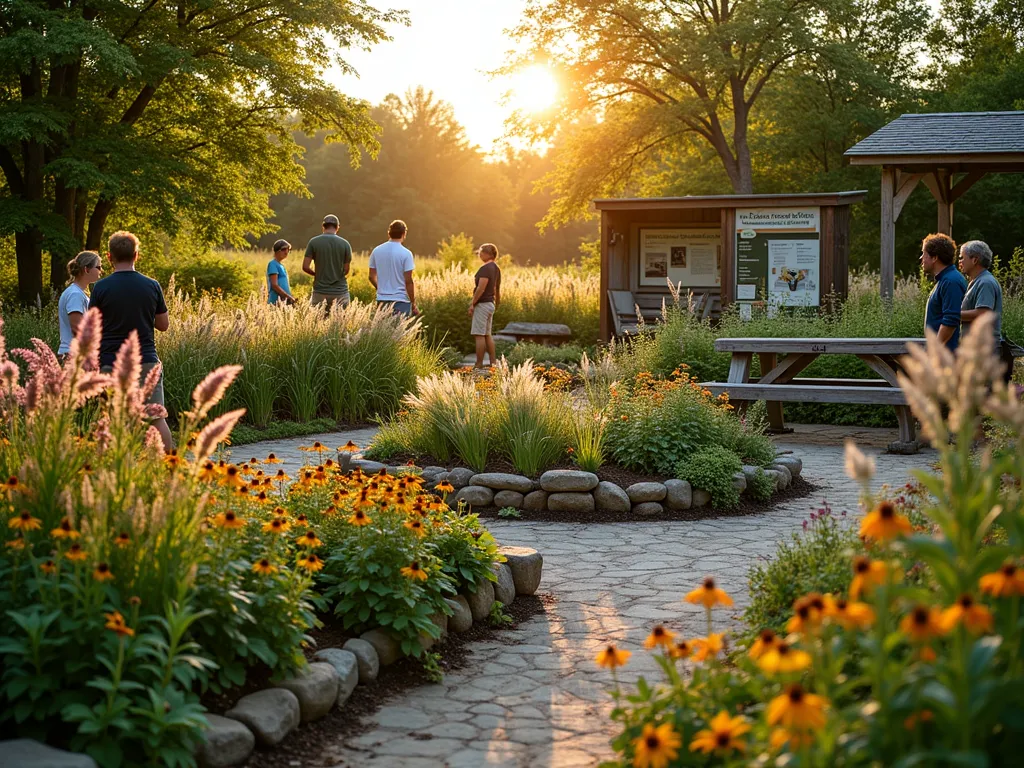 Community Native Plant Garden Education - A golden hour photograph of a diverse community garden space dedicated to native plants, shot with a wide-angle lens capturing multiple learning stations. In the foreground, a group of garden club members tend to a beautifully organized native plant nursery with labeled seedlings of Black-Eyed Susans and Purple Coneflowers. The middle ground shows educational signage about local pollinators and an artistic display of native grasses swaying in the evening light. The background features a natural woodland edge with mature native specimens including Eastern Redbud trees and Virginia Creeper. The scene is enhanced by natural stone pathways, rustic wooden benches, and visiting butterflies and birds, all captured with perfect depth of field and warm, natural lighting that highlights the educational and community aspects of the space.