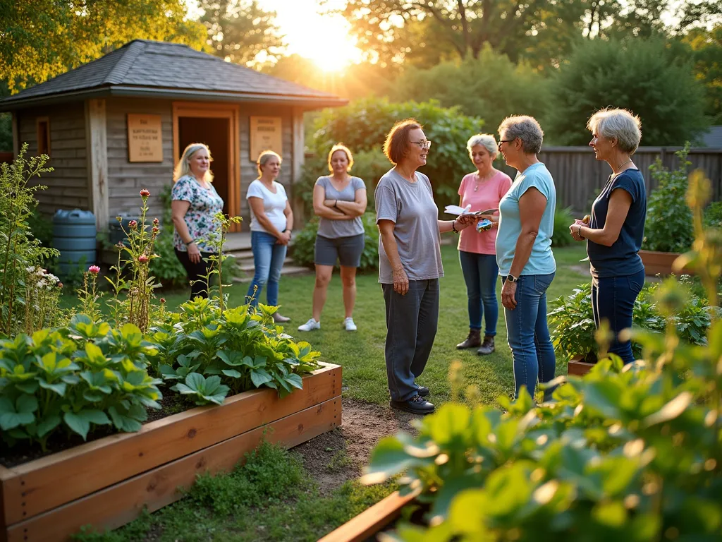 Sustainable Garden Education Session - A golden hour photograph of a diverse group of garden club members gathered in a beautifully maintained demonstration garden. The wide-angle shot showcases multiple sustainable gardening stations: a thriving compost system with educational signage, rain barrels connected to a drip irrigation system, and native pollinator gardens buzzing with bees and butterflies. In the foreground, an experienced gardener is demonstrating natural pest control methods using companion planting, while others take notes. The garden features raised beds made from reclaimed materials, with organic vegetables and herbs growing abundantly. A LEED-certified garden shed in the background displays a 'Certified Sustainable Garden' plaque. The scene is bathed in warm, natural lighting, highlighting the lush greenery and sustainable practices in action. Shot with DSLR camera, f/8, ISO 100, 1/125 sec.