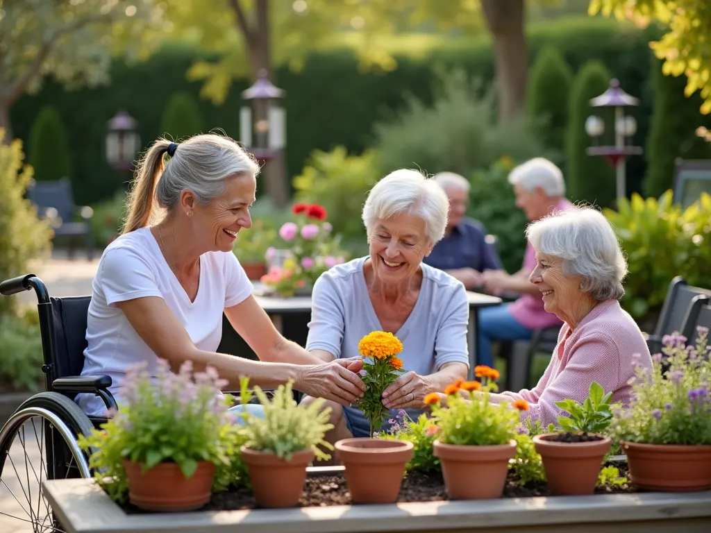 Therapeutic Garden Session with Seniors - A soft, morning-lit therapeutic garden setting showing elderly residents and caregivers engaged in container gardening. The scene features a wheelchair-accessible raised garden bed on a wide patio, surrounded by colorful sensory plants including lavender, rosemary, and soft lamb's ear. A gentle-faced therapist guides a senior's hands through potting a bright marigold, while others work at a comfortable height table filled with gardening supplies. The background showcases a tranquil garden space with wind chimes, bird feeders, and a small water feature. Shot with natural morning light casting warm tones, creating a serene and healing atmosphere. The composition includes comfortable seating, adaptive gardening tools, and various textured plants in terra cotta pots. Captured with professional depth of field highlighting both the human connection and garden details.