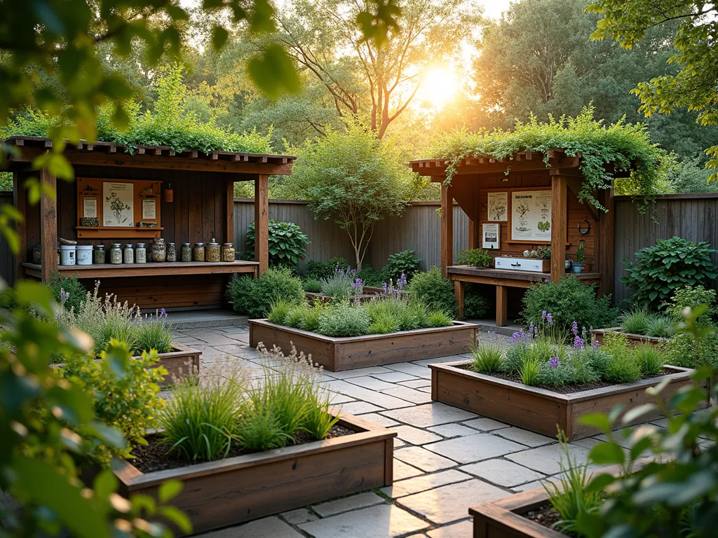 Therapeutic Herb Garden Sanctuary - A serene and well-organized therapeutic herb garden at golden hour, shot at f/2.8 with a 16-35mm lens. The space features raised wooden beds arranged in a circular pattern around a central gathering area with rustic wooden benches. Various medicinal and culinary herbs are displayed with educational plaques, including lavender, sage, rosemary, and thyme. Soft evening light filters through the leaves, creating a dreamy atmosphere. A weathered wooden pergola covered in climbing jasmine provides shade over a workshop area with a vintage potting bench. Glass jars filled with dried herbs and hand-written labels add an authentic touch. The garden includes wheelchair-accessible paths made of natural stone, and a small water feature provides gentle background sounds. Vintage botanical illustrations of herbs are displayed on a rustic bulletin board. Shot from a slightly elevated angle to showcase the garden's thoughtful layout and educational elements.