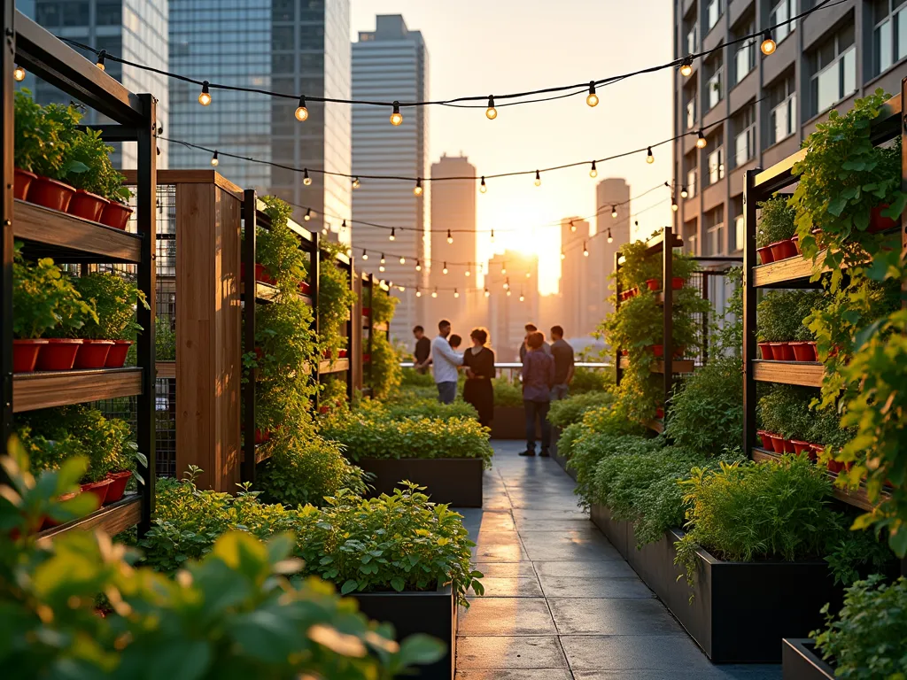 Urban Community Garden Network - Vibrant urban rooftop garden at golden hour, shot with a wide-angle lens showing multiple levels of vertical gardening systems. Modern metal and wooden structures support thriving vegetable plants and climbing vines. Groups of diverse gardeners tend to vertical hydroponic systems and compact raised beds. Strings of warm bistro lights crisscross overhead. Container gardens line the perimeter with herbs and dwarf fruit trees. Glass high-rises form a dramatic backdrop against the warm sunset sky. Captured with shallow depth of field highlighting the lush greenery in foreground.