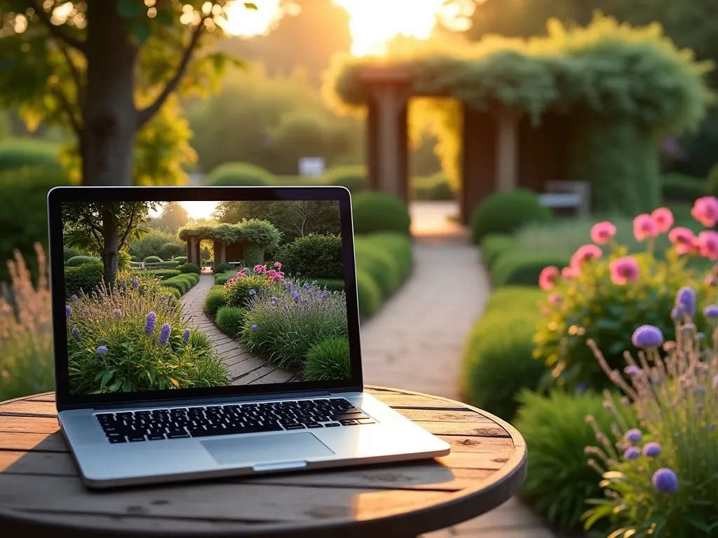 Virtual Garden Tour Experience - A stunning split-screen composition showing a modern laptop displaying a virtual garden tour interface against a breathtaking garden backdrop. The left screen shows an interactive 360-degree garden view with clickable plant labels and information boxes, while the right side reveals a magnificent cottage garden in golden evening light. The physical garden features winding pathways through beds of blooming hydrangeas, lavender, and ornamental grasses, leading to a charming wooden pergola draped with climbing roses. A DSLR perspective with shallow depth of field focuses on the laptop screen while the garden softly blurs in the background, creating depth and dimension. Warm sunset lighting casts long shadows across the garden, highlighting texture and creating a magical atmosphere. Professional photographic quality, high resolution, with rich colors and sharp details.