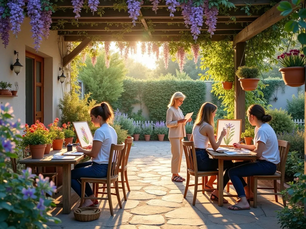 Botanical Art Workshop in Garden Setting - A serene late afternoon scene on a charming garden patio, where a small group of artists sit at rustic wooden tables under a pergola draped with wisteria. Warm golden sunlight filters through the vines, casting artistic shadows. Each person has a sketchbook and watercolor supplies, carefully studying and painting detailed botanical illustrations of various garden flowers and plants displayed in vintage terra cotta pots. A professional artist instructor stands nearby, demonstrating detailed brushwork techniques. The surrounding garden features blooming roses, lavender, and native wildflowers, providing natural inspiration. Professional art supplies, including high-quality brushes, watercolors, and botanical drawings in various stages of completion are scattered across the tables. Photorealistic, soft natural lighting, shallow depth of field