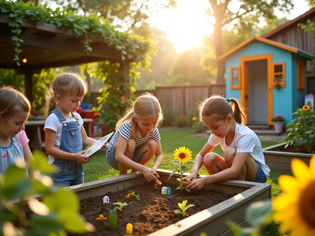 Children's Interactive Garden Learning Space - A sunlit garden scene during golden hour showing children aged 6-10 engaged in various gardening activities. The focal point is a raised garden bed with colorful plant markers and child-sized tools, where two kids are carefully planting sunflower seedlings. To the left, a group is participating in a garden scavenger hunt with illustrated clipboards, discovering butterflies and ladybugs among flowering plants. A cozy educational corner features child-sized picnic tables under a pergola decorated with climbing jasmine, where another child is examining plants through a magnifying glass. The garden includes whimsical elements like painted rock markers, butterfly houses, and a rainbow-colored tool storage shed. Shot from a three-quarter elevated angle to capture the entire interactive space, with soft natural lighting highlighting the children's enthusiastic expressions and the vibrant garden elements.