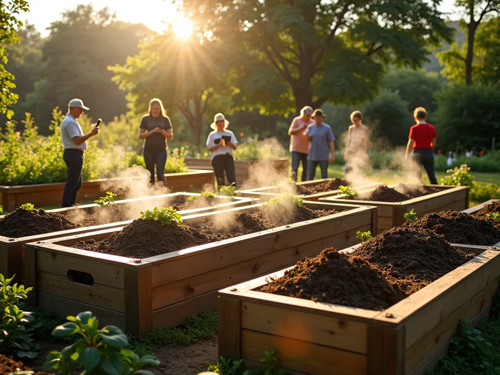 Community Composting Competition - A wide-angle photographic shot of a well-organized garden education space at golden hour, showing multiple raised garden beds with different composting systems. In the foreground, three modern composting bins are prominently displayed, each showing different stages of decomposition. Garden club members in casual attire are gathered around, some using scientific instruments to test soil quality. The scene is set in a beautiful community garden with mature trees in the background. Natural sunlight filters through, creating a warm, educational atmosphere. Close-up details show rich, dark compost with visible beneficial organisms and steam rising from active decomposition. Professional lighting emphasizes the texture and quality of the different compost samples. Hyperrealistic style with attention to detail in both the scientific and natural elements.