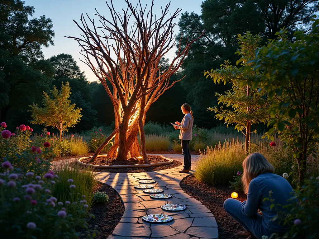 Community Garden Art Installation - A serene twilight scene of a community garden art installation, featuring a mesmerizing 8-foot-tall sculpture made from reclaimed driftwood, copper pipes, and colorful recycled glass pieces. The sculpture, resembling an abstract tree, casts intricate shadows on a natural stone pathway. Surrounded by flowering perennials and ornamental grasses, the installation is complemented by smaller mosaic stepping stones created from broken pottery and mirrors. Solar-powered LED lights illuminate the sculpture from strategic angles, creating a magical atmosphere. The wide-angle composition captures garden members working collaboratively to position decorative elements, while climbing roses and jasmine frame the scene. Shot during golden hour with soft, warm lighting highlighting the artistic elements against a backdrop of mature maple trees.