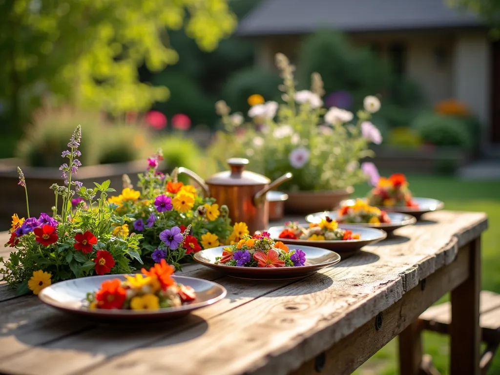 Edible Flower Culinary Workshop in Garden Setting - A stunning close-up shot of a rustic wooden table on a garden patio, bathed in warm late afternoon sunlight. The table showcases an artful arrangement of fresh edible flowers including vibrant nasturtiums, pansies, and borage blossoms. A professional chef demonstrates flower preparation techniques to an engaged group, with copper cooking vessels and ceramic plates containing partially prepared dishes decorated with edible blooms. The background features a lush cottage garden with flowering herbs and edible flowers growing in raised beds. Soft bokeh effect on the garden background creates depth, while the foreground captures intricate details of the delicate flower petals and culinary preparations. The scene is captured with professional lighting that highlights the natural colors and textures of the flowers and cooking implements.