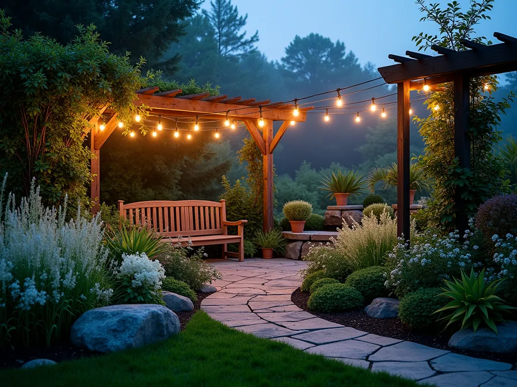 Enchanted Night Garden Tour - A serene backyard garden at twilight, illuminated by strategically placed soft landscape lighting. In the foreground, white moonflowers and night-blooming jasmine cascade over a curved garden path. Garden lights cast gentle shadows through ornamental grasses, while string lights twinkle overhead between pergola posts. Moths and luna moths flutter near blooming evening primrose. The focal point is a rustic wooden bench surrounded by silver-leafed plants that shimmer in the moonlight, with Nicotiana and Evening Stock providing fragrant blooms. A stone water feature reflects the ambient lighting, creating a magical atmosphere. Shot from a wide angle to capture the entire ethereal scene, with subtle fog adding mystery.