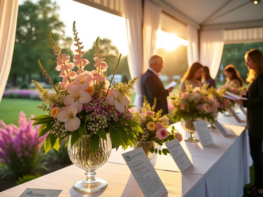 Elegant Garden Club Flower Show Exhibition - A bright, airy garden pavilion photographed at golden hour, hosting an elegant flower show exhibition. Sunlight streams through white gossamer curtains, illuminating multiple display tables adorned with sophisticated floral arrangements. Close-up focus on a stunning centerpiece featuring cascading orchids, garden roses, and delphinium in a crystal vase. Professional judges in the background examining arrangements with score sheets. Side tables showcase educational materials about competition guidelines and arrangement techniques. The pavilion opens to a manicured garden backdrop with blooming perennials and ornamental trees. Professional lighting setup highlights the artistic elements of each arrangement. Photographic style emphasizes depth of field with selective focus on key elements.