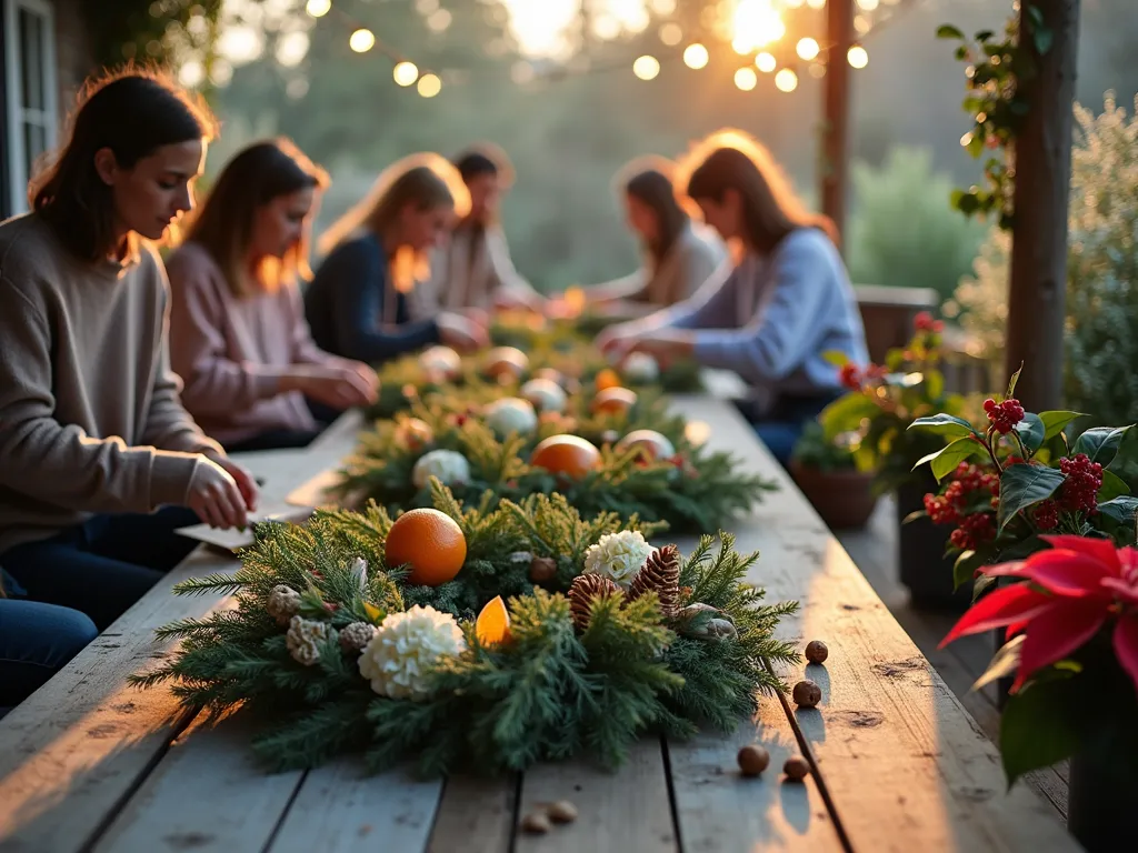 Garden Club Holiday Wreath Workshop - A cozy outdoor workshop scene on a rustic wooden deck, captured in warm late afternoon sunlight. A group of people gather around a large farmhouse-style table covered with fresh evergreen branches, dried hydrangeas, pine cones, and berries. In the foreground, a close-up of hands crafting a natural Christmas wreath with preserved eucalyptus, dried orange slices, and cinnamon sticks. String lights overhead create a festive ambiance, while potted poinsettias and winter containers frame the scene. Shot with shallow depth of field focusing on the wreath-making activity, with soft bokeh effects on the fairy lights. Natural garden backdrop showing frost-kissed ornamental grasses and holly bushes with red berries.