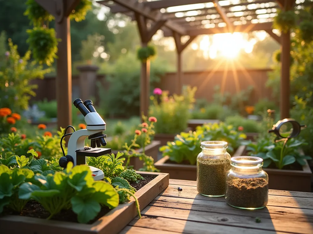 Garden Pest Management Workshop in Action - Close-up view of a well-organized outdoor workshop setting in a lush backyard garden at golden hour. A wooden deck features multiple learning stations with microscopes and magnifying glasses. Garden experts demonstrate natural pest control methods while participants examine leaf samples. Beautiful raised garden beds in the background showcase healthy vegetables and companion plants like marigolds and lavender. Beneficial insects like ladybugs and praying mantises are visible on nearby flowering plants. Modern glass jars containing herbal pest deterrent preparations sit on a rustic wooden table. Soft, warm sunlight filters through overhead pergola creating a magical educational atmosphere. Shot with shallow depth of field focusing on the interactive workshop elements.