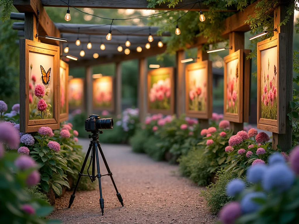 Garden Photography Exhibition Display - A stylish outdoor photography exhibition at golden hour, displaying stunning garden photographs mounted on rustic wooden panels arranged along a winding garden path. The path is lined with blooming hydrangeas and lavender, leading to a vintage-style wooden pergola. Multiple framed photographs showcase close-ups of dewy roses, wide-angle landscape shots of cottage gardens, and candid wildlife moments. Soft evening light filters through the pergola, casting gentle shadows on the displayed works. String lights weave overhead, creating a magical ambiance. A professional DSLR camera on a tripod stands in the foreground, positioned to capture a butterfly landing on a nearby coneflower. The scene combines artistic presentation with natural garden beauty, captured in photorealistic detail with dramatic lighting.