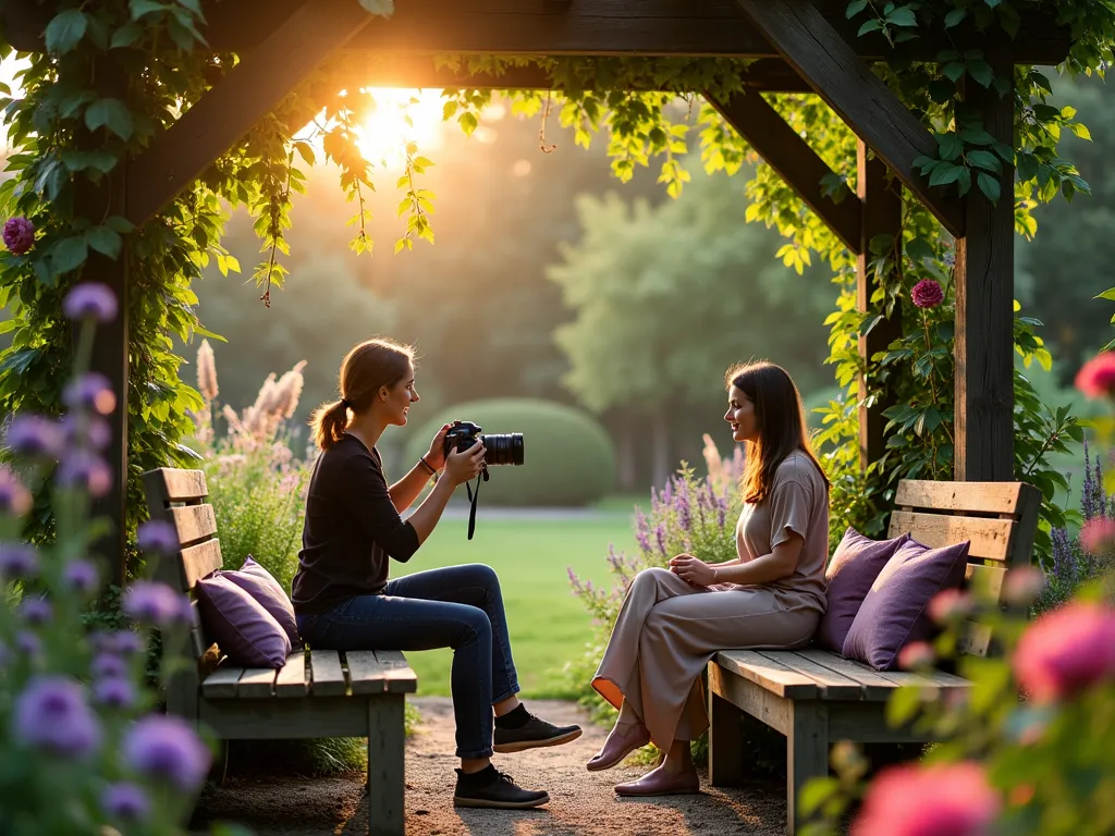 Garden Photography Workshop in Morning Light - A serene garden scene at golden hour, where a professional photographer is teaching a small group how to capture macro shots of dewdrops on rose petals. The photographer is positioned in a manicured backyard garden, demonstrating with a professional camera while students gather around. The garden features a stunning array of blooming flowers including David Austin roses, purple coneflowers, and lavender. Morning light streams through a wooden pergola covered in climbing clematis, creating beautiful light patterns. A weathered wooden bench with vintage cushions sits nearby, while a rustic garden table displays various camera equipment. The background shows a mix of ornamental grasses catching the early light, with bokeh effects visible through the lens display being demonstrated. Shot with shallow depth of field, highlighting the teaching moment while maintaining the dreamy garden atmosphere.