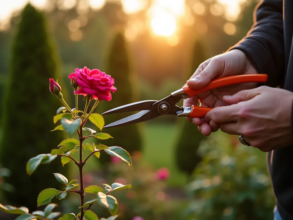 Expert Garden Pruning Demonstration at Sunset - Close-up cinematic shot of experienced hands demonstrating precise pruning technique on a rose bush in a well-maintained garden, golden evening sunlight filtering through trees, professional pruning shears in action, surrounded by meticulously shaped topiaries and flowering shrubs in the background, soft bokeh effect, shallow depth of field, warm atmospheric lighting highlights the technical precision of the pruning process