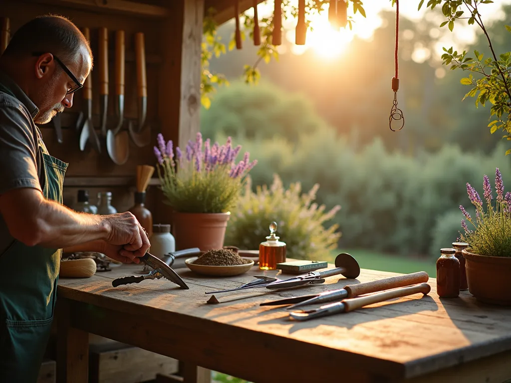 Garden Tool Maintenance Workshop at Dawn - A peaceful early morning scene in a rustic garden workshop area on a wooden deck, bathed in golden sunrise light. A well-organized wooden workbench displays an array of meticulously arranged garden tools including pruning shears, trowels, and spades. An experienced gardener demonstrates proper sharpening techniques on pruning shears, with a collection of maintenance supplies like oil, whetstones, and cleaning brushes neatly arranged. Natural wooden tool storage racks line the background wall, while potted lavender and rosemary plants add organic touches to the scene. Soft morning mist lingers in the garden beyond, creating a dreamy atmosphere. Shot with shallow depth of field focusing on the hands at work, with warm lighting emphasizing the craftsmanship of the tools.