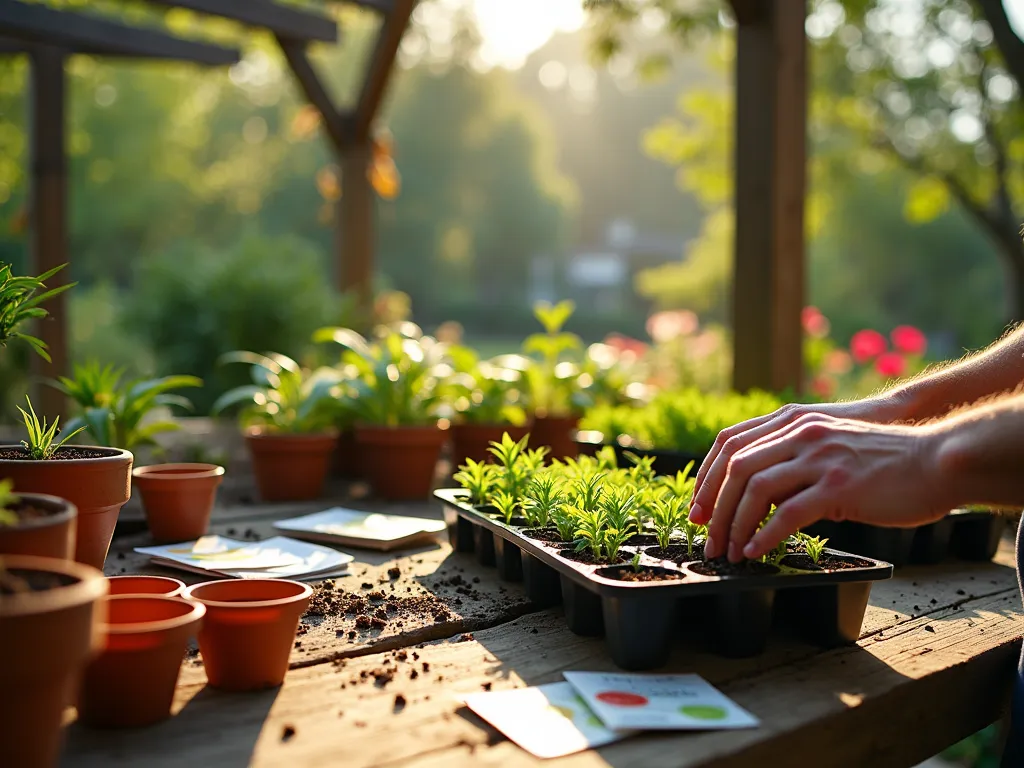 Garden Workshop Seed Starting - Close-up DSLR photo of a sunlit wooden potting bench on a rustic patio, surrounded by terracotta pots and seed trays. A master gardener's hands demonstrate seed starting techniques with various colorful seed packets scattered nearby. Natural morning light filters through a pergola overhead, creating dappled shadows on the workspace. Multiple propagation methods are displayed including biodegradable pots, seed trays with humidity domes, and soil blocking tools. A detailed arrangement of gardening tools, grow lights, and labeled seedlings in various stages of growth creates an educational atmosphere. The background shows a well-maintained garden with spring blooms, photographed with shallow depth of field at f/8, ISO 100, creating a professional documentary style.