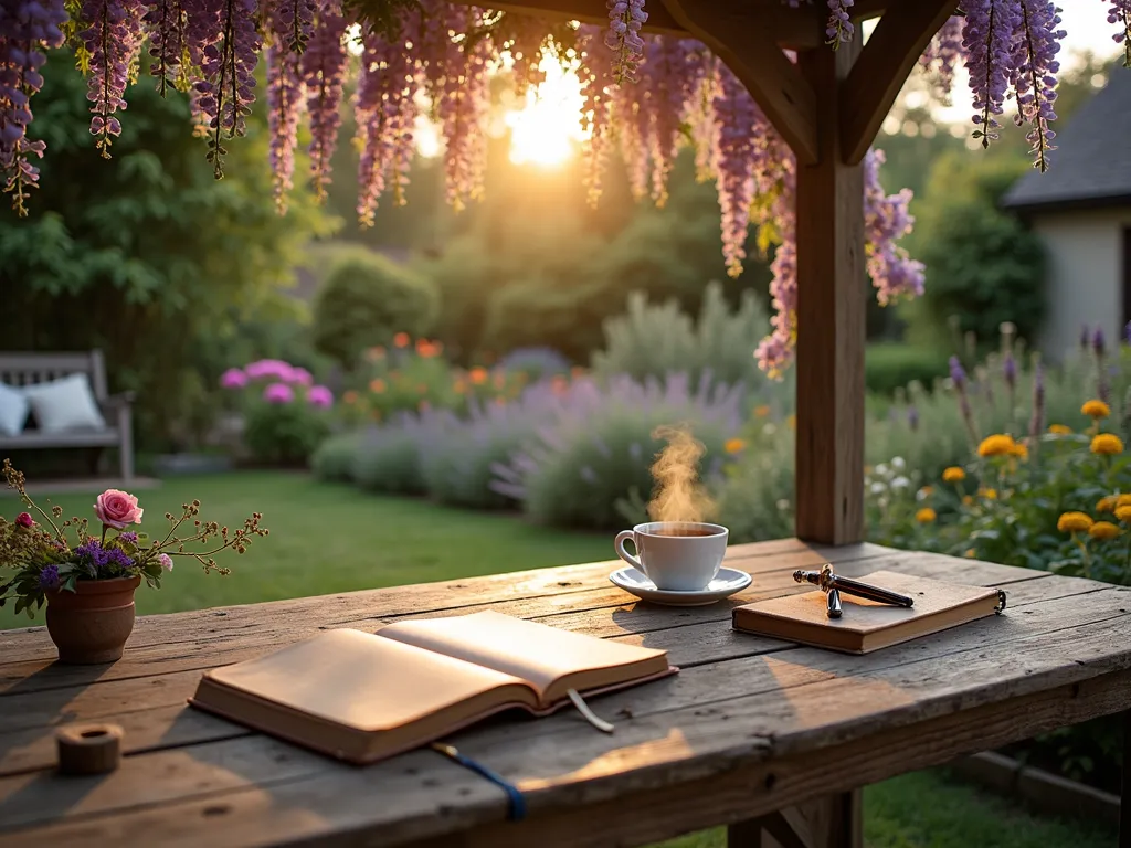 Tranquil Garden Writing Workshop - A serene garden setting during golden hour, featuring a rustic wooden table beneath a flowering pergola draped with wisteria. On the table, vintage journals, fountain pens, and botanical sketching materials are artfully scattered alongside a steaming cup of tea. The background reveals a lush cottage garden with blooming roses, lavender, and wildflowers. Soft evening light filters through the pergola, creating dappled shadows on the weathered wood. A classic garden bench nearby is adorned with comfortable cushions, while butterfly bushes and native perennials attract wildlife. Shot from a 3/4 angle to capture both the intimate writing space and the inspiring garden backdrop, with selective focus on the writing materials. DSLR camera, wide-angle lens, f/8, ISO 100, 1/125 sec.