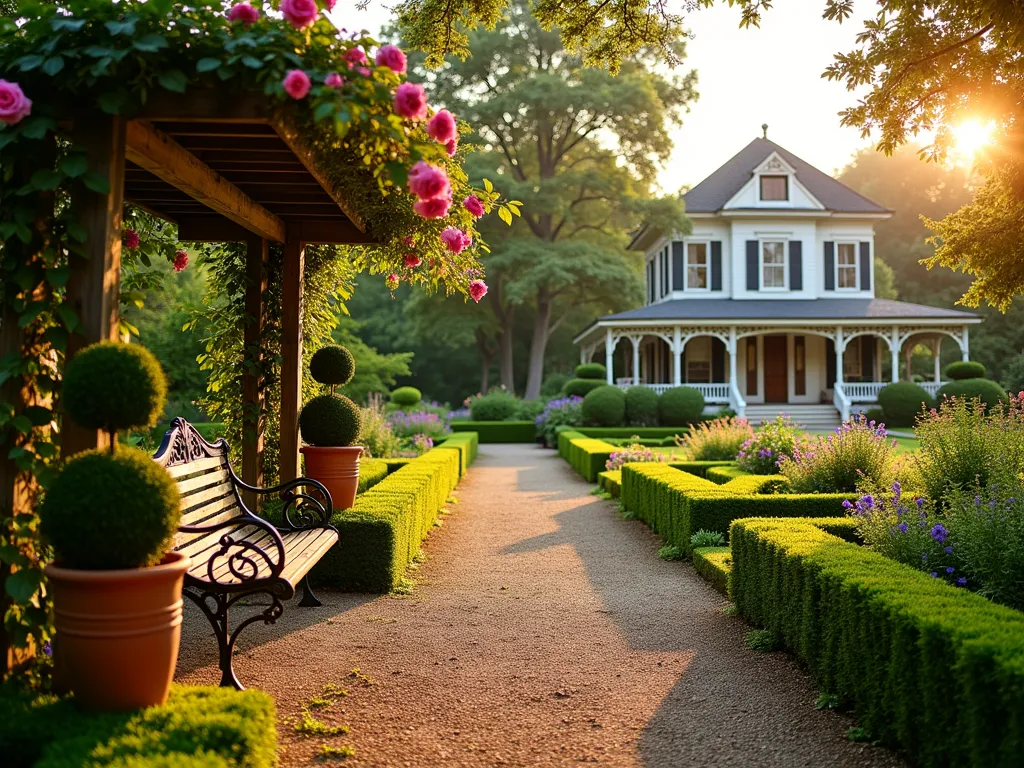 Historic Victorian Garden Tour at Sunset - A wide-angle DSLR photo of a meticulously maintained Victorian-era garden at golden hour, featuring a formal parterre garden with geometric boxwood hedges and heritage roses. A gravel path winds through symmetrical flower beds filled with heirloom plants like lavender, phlox, and delphinium. An ornate wrought-iron garden bench sits beneath a weathered wooden pergola draped with climbing heritage roses. Traditional terracotta pots containing period-appropriate topiaries line the pathway. The warm evening light casts long shadows across the manicured lawn, highlighting the authentic Victorian garden design elements. The background shows a historic mansion with a wraparound porch. Shot at f/8 for optimal depth of field, capturing the rich historical details and garden architecture.