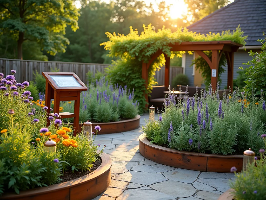 Medicinal Herb Garden at Golden Hour - A serene DSLR photograph of a well-organized medicinal herb garden at golden hour, shot at f/8. The garden features raised cedar beds in a beautiful spiral pattern on a stone patio, filled with carefully labeled medicinal plants. Echinacea flowers bloom in vibrant purple, while sage, lavender, and chamomile create a tapestry of colors and textures. A rustic wooden teaching podium stands nearby, adorned with botanical identification guides. Soft evening light filters through the leaves, creating golden highlights on the plants. In the background, a pergola covered in flowering calendula provides shade for educational gatherings. Glass cloches protect delicate herbs, while copper plant markers gleam in the warm light. Shot from a slight elevation to capture the intricate garden design and educational setup.