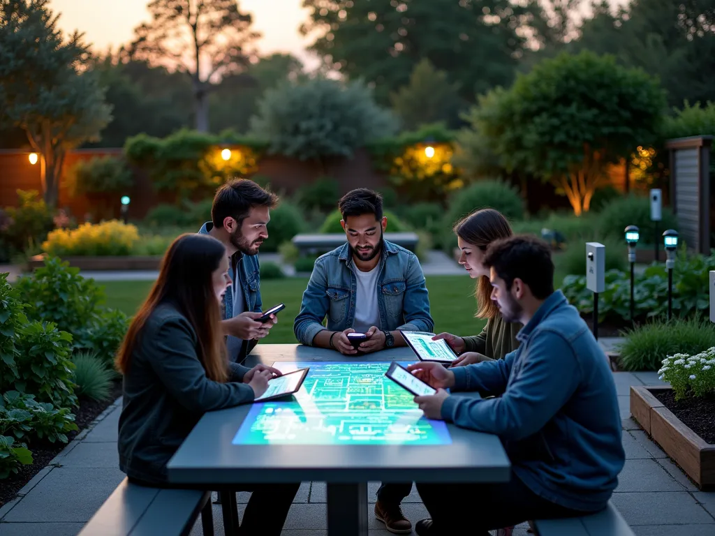 Modern Garden Tech Workshop - A twilight scene in a modern backyard garden featuring a small group of diverse gardeners gathered around a sleek outdoor table with tablets and smartphones. The table displays holographic garden planning projections while smart irrigation controllers with LED displays line the garden beds. In the background, weather monitoring stations stand among perfectly manicured beds of vegetables and flowers. Soft landscape lighting illuminates the space, while digital soil sensors emit subtle blue glows throughout the garden. The scene is captured from a three-quarter elevated angle, showing both the technology interaction and the beautiful garden setting. Ultra-high-definition, professional lighting, cinematic atmosphere, photorealistic quality.