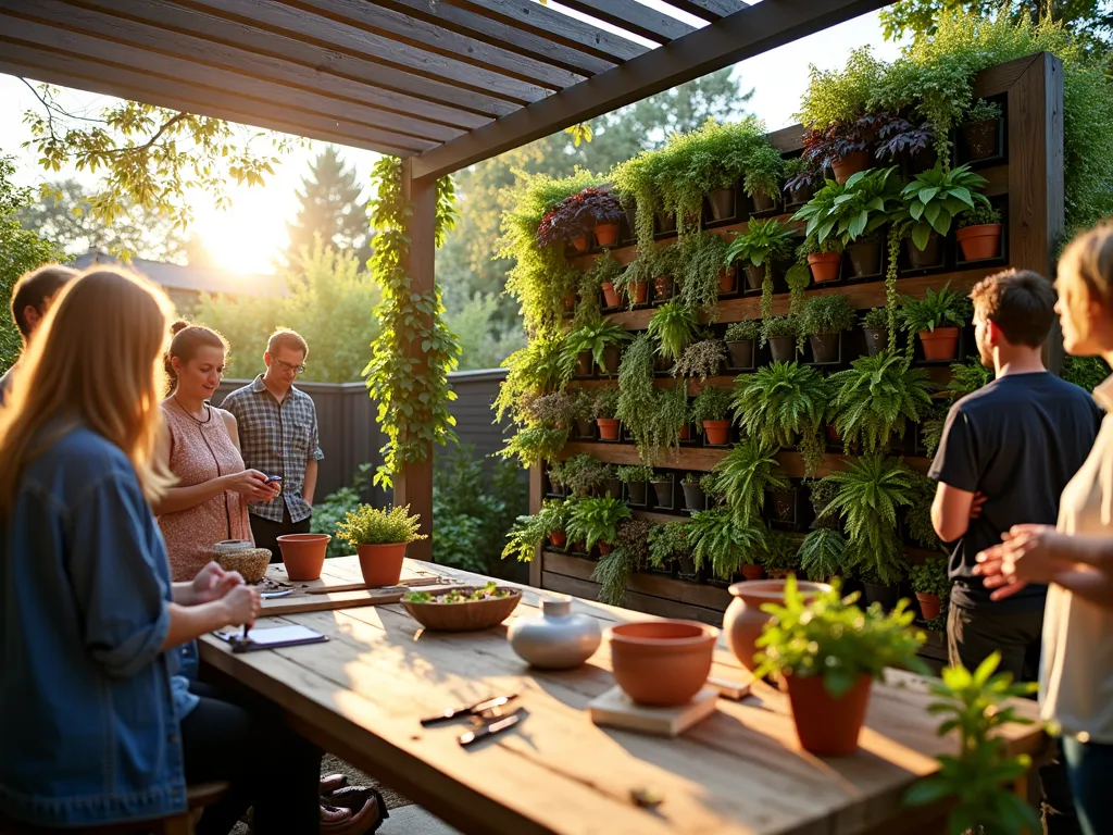 Modern Urban Vertical Garden Workshop - A wide-angle shot of a modern backyard patio workshop scene at golden hour, where a diverse group of garden club members gather around a stunning 8-foot living wall installation. The wall features a geometric pattern of modular planters filled with cascading ferns, colorful coleus, and trailing pothos. Natural sunlight filters through pergola slats above, casting artistic shadows on the demonstration area. In the foreground, participants work on constructing smaller DIY vertical garden panels using reclaimed wood and wire mesh systems. Various vertical gardening supplies, terracotta pots, and climbing plants are artistically arranged on a rustic wooden workbench. Shot with shallow depth of field highlighting the textural details of the living wall while maintaining environmental context. Photography style: architectural and lifestyle, f/2.8, 16-35mm lens, ISO 400.