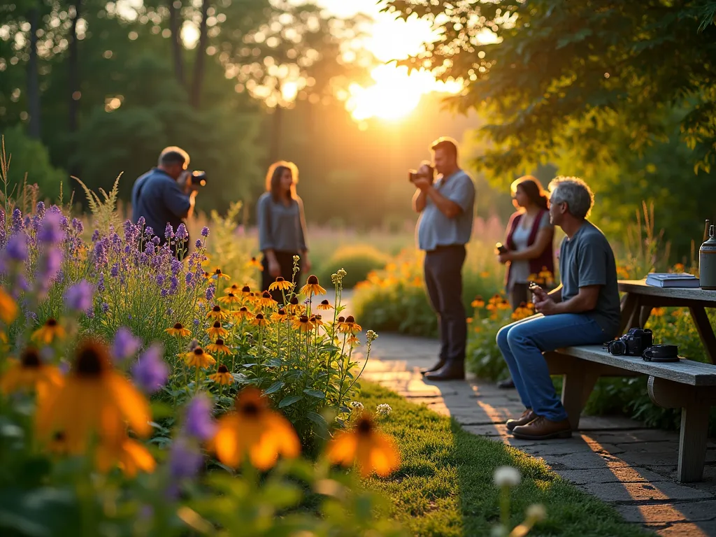 Native Plant Photography Workshop in Evening Garden - A serene evening garden scene captured with DSLR camera settings f/8, ISO 100, and 1/125 shutter speed. The image shows a small group of people with cameras photographing native wildflowers in a naturalistic garden setting. Golden hour sunlight filters through native trees, creating dramatic lighting on Purple Coneflowers, Black-Eyed Susans, and native grasses. A professional photographer demonstrates macro photography techniques to a participant, while a botanist points out distinctive features of a flowering Cardinal Flower. The garden path winds through a thoughtfully designed native plant garden, with wooden identification markers visible near key specimens. Soft bokeh effect in background showcases a mix of native ferns and woodland plants. Photographic equipment and field guides are arranged on a rustic wooden bench nearby.