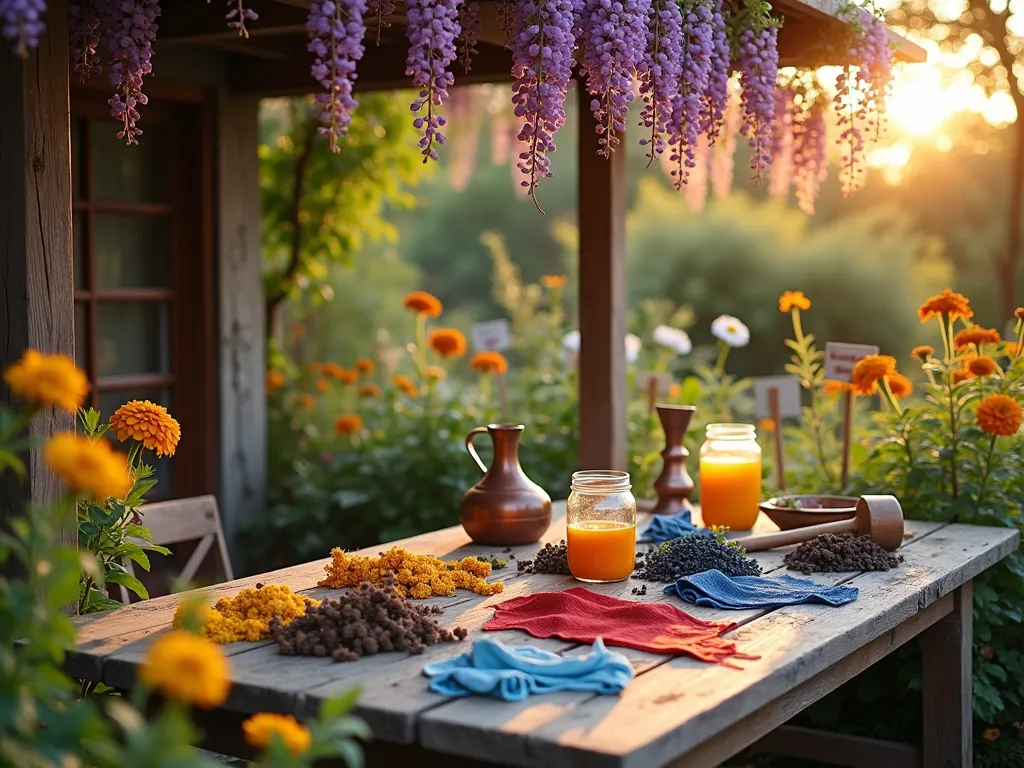 Natural Dye Garden Workshop at Sunset - Close-up view of a charming backyard garden workspace at golden hour, featuring weathered wooden tables arranged under a rustic pergola draped with wisteria. The tables display bundles of freshly harvested marigolds, indigo plants, and madder roots alongside naturally dyed fabric samples in vibrant yellows, blues, and reds. Mason jars filled with botanical dye solutions catch the warm evening light, while traditional dyeing tools and copper pots are artfully arranged. The surrounding garden beds showcase flourishing dye plants including Japanese indigo, marigolds, and coreopsis in full bloom, with soft bokeh effect in background. Vintage-style garden signs identify the dye plants, creating an educational and aesthetically pleasing composition. Photorealistic, soft natural lighting, warm earth tones, cottagecore aesthetic