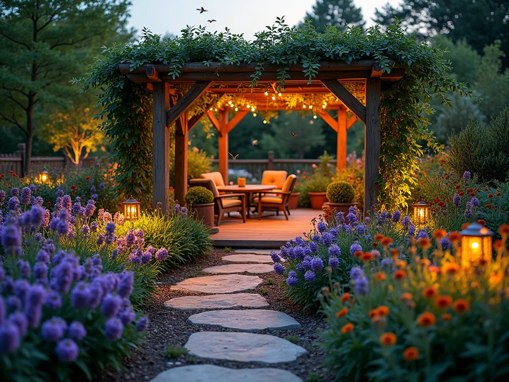 Pollinator Garden Design Competition - A stunning twilight wide-angle shot of a meticulously designed pollinator garden featuring curved flower beds with layered heights. Illuminated by warm garden lights, vibrant purple coneflowers, orange butterfly weed, and red bee balm create a colorful tapestry. A rustic wooden pergola draped with native climbing vines frames the scene, while several monarch butterflies and honeybees hover over the blooms. Natural stone pathways wind through the garden, leading to a cozy seating area with sustainable bamboo furniture. Crystal-clear 16-35mm lens capture, with golden hour lighting casting long shadows across the textured landscape. Professional photography style with perfect depth of field at f/2.8, ISO 400, capturing both the garden's grand design and delicate pollinators in sharp detail.