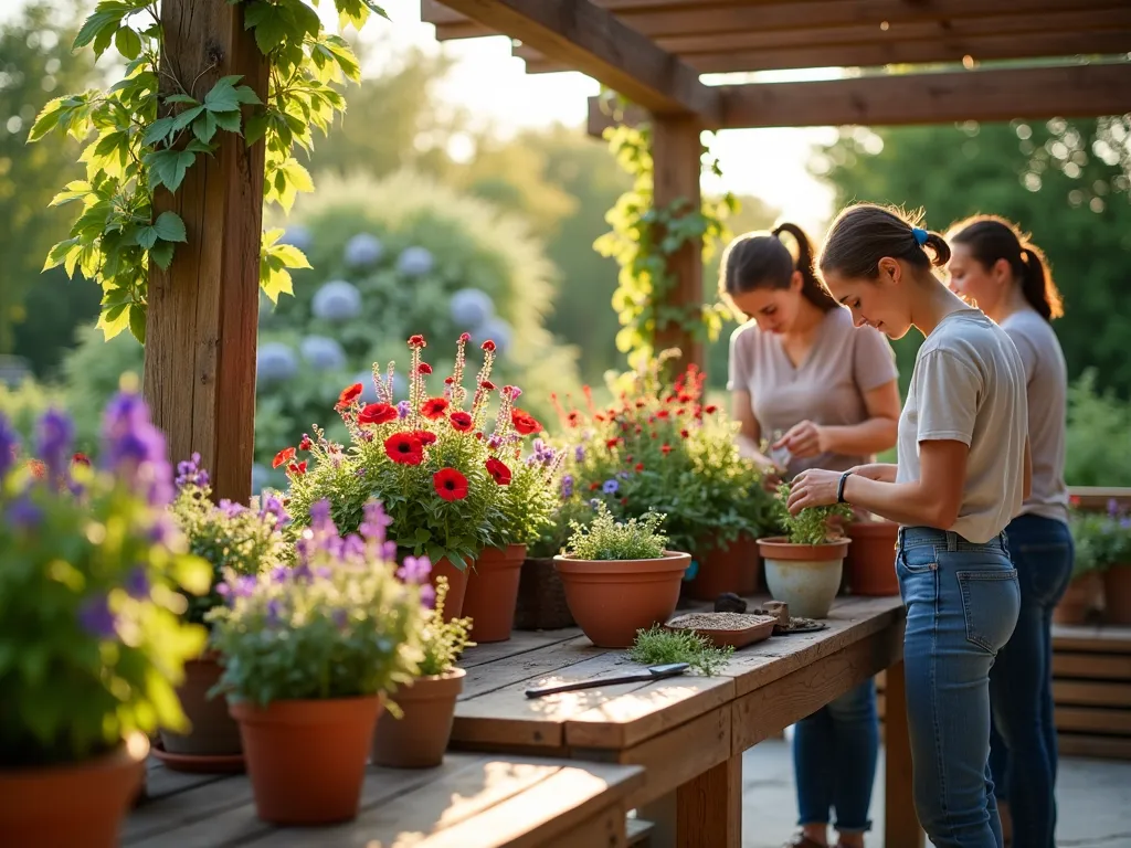 Seasonal Container Garden Workshop in Action - A late afternoon garden workshop scene on a spacious patio, captured from a medium-wide angle. Golden sunlight filters through overhead pergola, illuminating a rustic wooden workbench where diverse gardeners gather. Multiple container arrangements in progress showcase colorful spring combinations of trailing purple petunias, upright red salvias, and silver dusty miller. Terracotta pots, glazed ceramic containers, and vintage wooden boxes are artfully arranged. Close-up details reveal hands working with premium potting soil and careful plant placement. Professional-grade gardening tools and reference materials are thoughtfully organized. The background features a lush garden backdrop with mature hydrangeas and ornamental grasses, creating depth and context. Soft bokeh effect in background emphasizes the workshop activity. Shot with natural lighting emphasizing texture and detail.