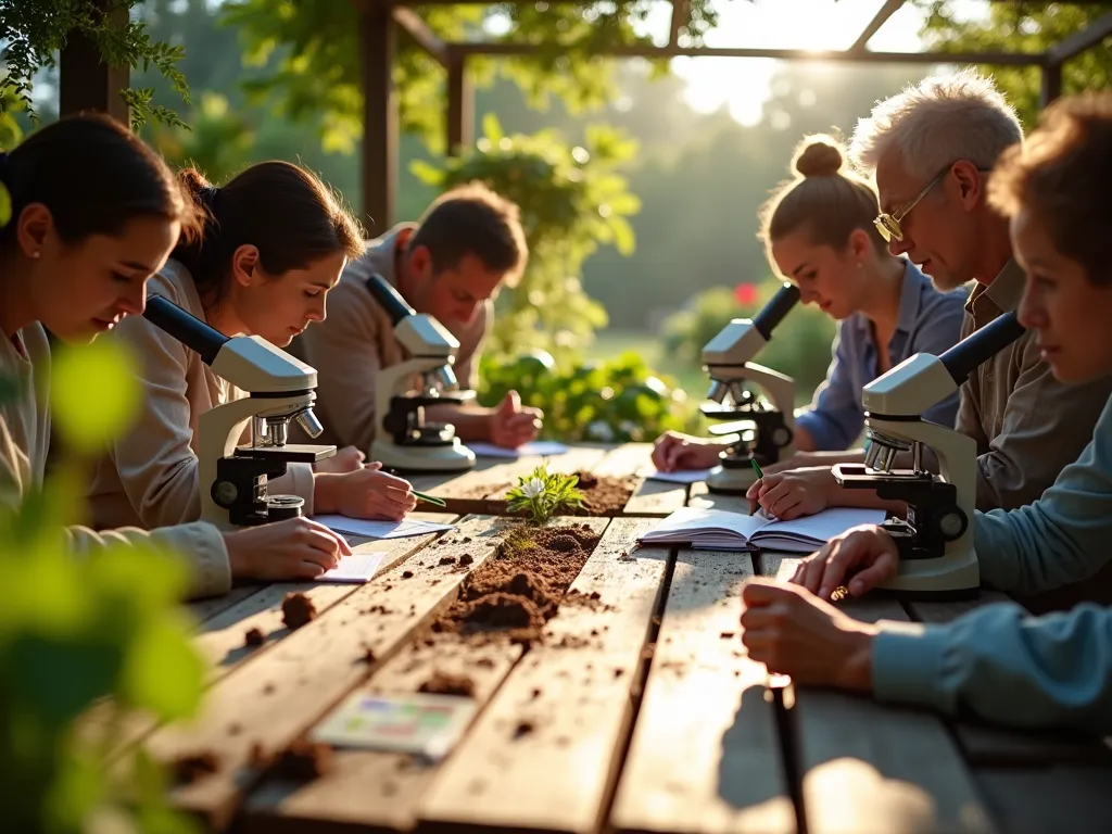 Soil Science Workshop in Garden Setting - Close-up shot of a diverse group gathered around a rustic wooden table in a lush garden setting, examining soil samples through microscopes. Golden afternoon sunlight filters through overhead pergola, casting dappled shadows on the scientific equipment and educational materials. In foreground, a professional soil testing kit displays colorful pH indicators, while participants take notes. Background showcases raised garden beds with thriving vegetables and flowers, demonstrating successful soil management. High-end laboratory equipment contrasts beautifully with natural garden elements. Shot with shallow depth of field focusing on hands conducting soil tests, with soft bokeh effect on surrounding garden landscape.