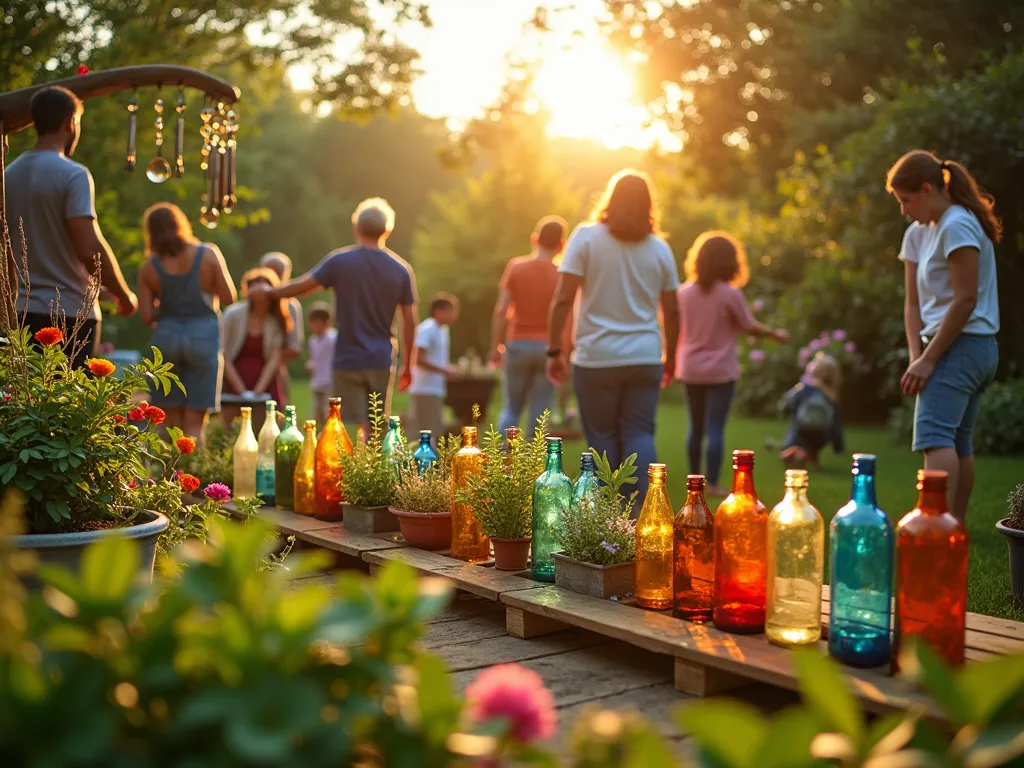 Sustainable Garden Art Workshop - A sunlit garden workshop scene at golden hour, where diverse group of people collaborate on creating beautiful garden art from recycled materials. In the foreground, a close-up of hands transforming colorful glass bottles into a mosaic garden border. Mid-ground shows participants crafting vertical planters from repurposed wooden pallets, adorned with cascading herbs and flowers. Background reveals completed projects: an artistic trellis made from vintage bicycle wheels supporting climbing jasmine, painted tire planters filled with vibrant succulents, and a whimsical wind chime created from old silverware catching the evening light. Warm, inspiring atmosphere with dappled sunlight filtering through trees, photorealistic style, rich textures and detailed craftsmanship