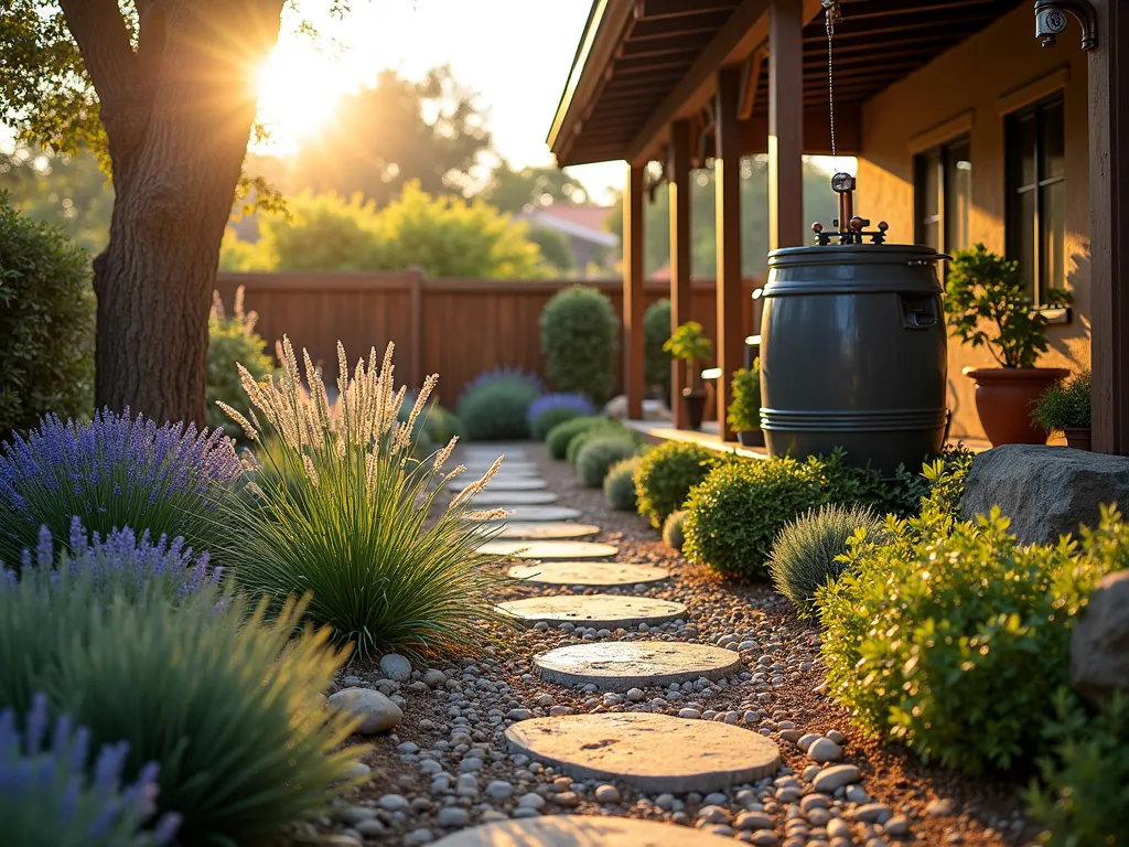 Sustainable Garden Water Management Demo - A late afternoon wide-angle shot of a beautifully landscaped backyard garden featuring a comprehensive water management system. A modern rain barrel system with copper downspouts connects to an elegant drip irrigation network weaving through drought-resistant plants. Golden sunlight illuminates water droplets from the irrigation system, creating a magical atmosphere. The garden showcases Mediterranean lavender, silver-blue sedums, and ornamental grasses swaying in the breeze. A small gathering of people attend a demonstration near a decorative rain gauge station, while a professional explains water-wise techniques. The background features a xeriscaped section with gravel pathways and native succulents, demonstrating water-conscious design. Artistic rain chains descend from the porch eaves, leading to small collection basins surrounded by river rocks.