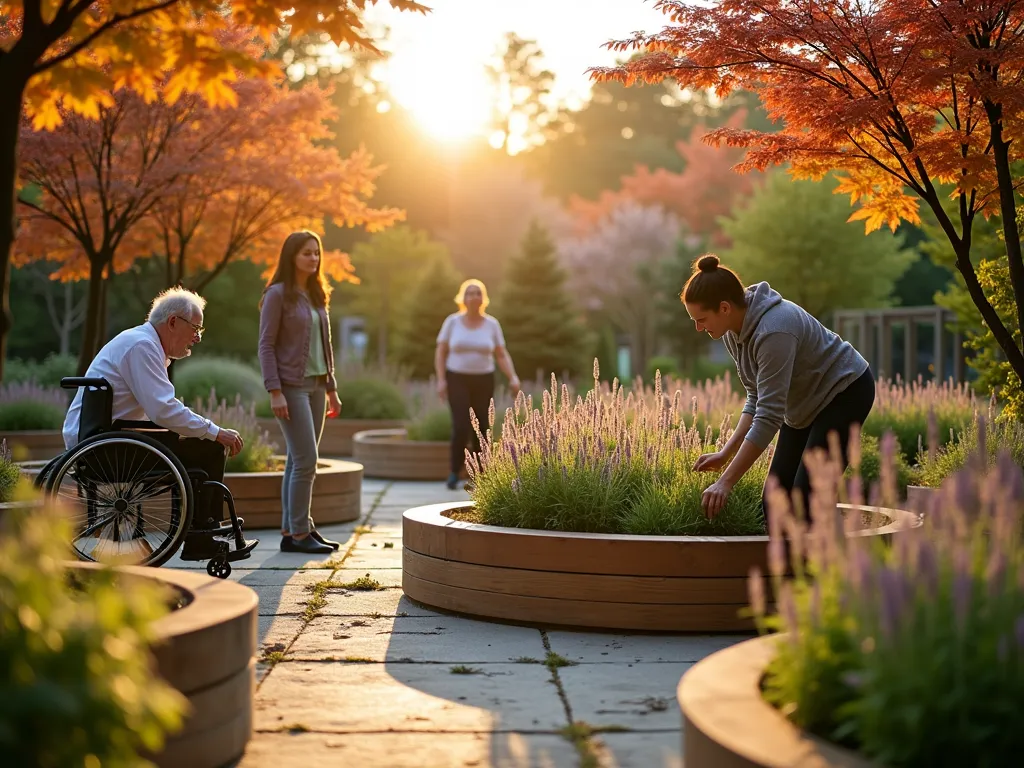 Therapeutic Garden Session at Sunrise - A serene and accessible raised garden bed area in a backyard setting during golden hour sunrise. Wide-angle view showing multiple wheelchair-height wooden planters arranged in a circular pattern. Elderly residents and individuals with diverse abilities tend to colorful sensory plants alongside caring assistants. Gentle morning light filters through nearby Japanese maple trees, casting warm shadows. The space features smooth, wide paved pathways, ergonomic gardening tools, and comfortable seating areas. Close-up details show hands carefully touching aromatic lavender and soft lamb's ear plants. Shot with soft bokeh effect emphasizing the human connection and therapeutic environment. 16-35mm lens capturing the inclusive design and peaceful atmosphere.