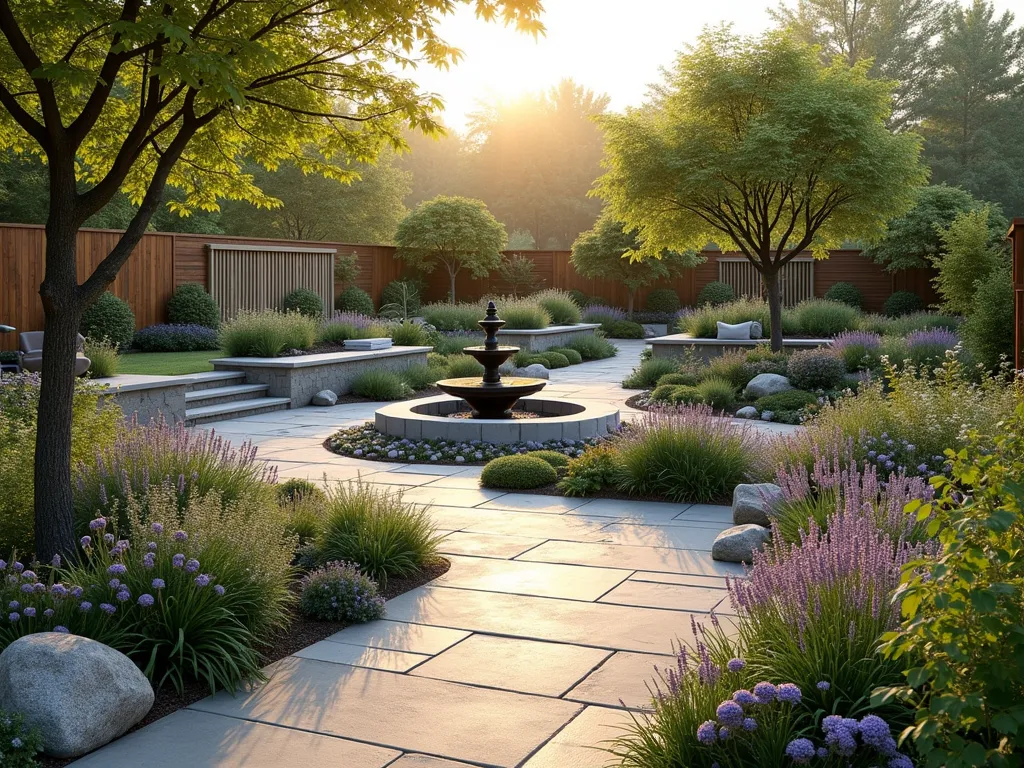 Therapeutic Zen Garden with Accessible Design - A serene therapeutic garden at golden hour, featuring wide accessible pathways with smooth stone pavers winding through beds of lavender and chamomile. A central meditation area includes a peaceful water feature with gentle cascades, surrounded by tactile plants like lamb's ear and ornamental grasses. Japanese maple trees provide dappled shade over comfortable seating areas with ergonomic benches. Raised garden beds at wheelchair height contain aromatic herbs and soft-colored flowers. Natural stone barriers define spaces while bamboo screens create intimate areas. Subtle landscape lighting illuminates the paths, and wind chimes gently move in the breeze. The space includes sensory elements like textured walking surfaces and fragrant plants placed at various heights for accessibility.