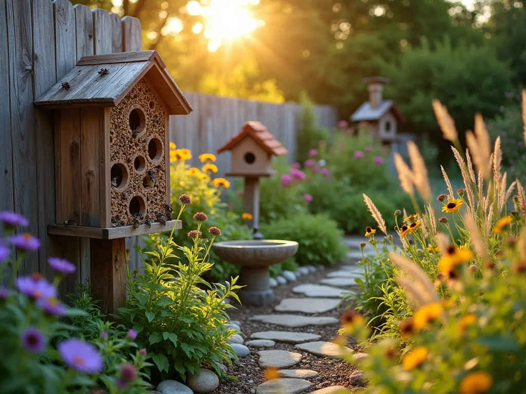 Wildlife Sanctuary Garden Haven - A serene backyard garden at golden hour, shot with a wide-angle lens showcasing multiple wildlife-friendly features. A rustic wooden bee hotel with multiple chambers adorns a weathered fence, while native wildflowers sway in the foreground. A natural stone bird bath sits amid butterfly-attracting purple coneflowers and black-eyed susans. In the mid-ground, a decorative wooden birdhouse mounted on a carved post is surrounded by tall native grasses. A shallow butterfly puddling area lined with stones catches the warm evening light. The garden features layers of pollinator-friendly plants and natural materials, creating a harmonious wildlife habitat. Shot with shallow depth of field focusing on the bee hotel, with soft bokeh effects on the background vegetation.