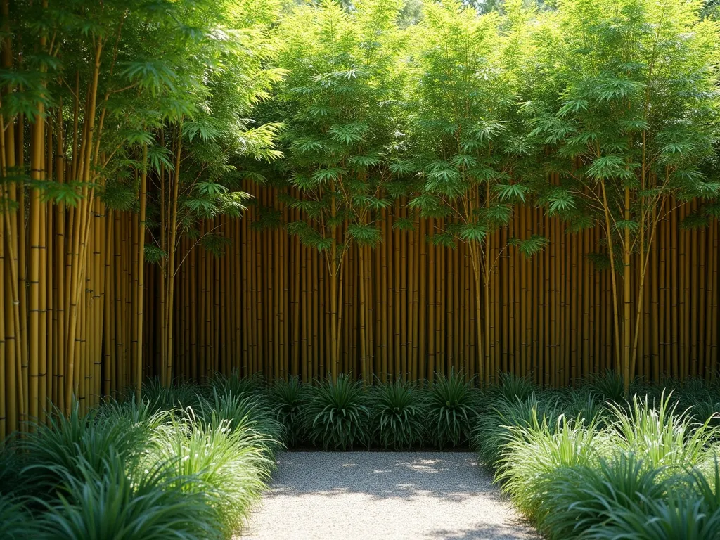 Elegant Bamboo Privacy Screen - A serene garden scene featuring a lush, dense grove of elegant clumping bamboo creating a natural privacy screen, reaching 15 feet tall. Golden-green bamboo culms catch dappled sunlight, casting gentle shadows. The bamboo creates a zen-like atmosphere with gracefully arching stems and delicate leaves swaying in the breeze. A narrow gravel path winds alongside the bamboo screen, with ornamental grasses at its base. Photorealistic, soft natural lighting, shallow depth of field, 4K quality.