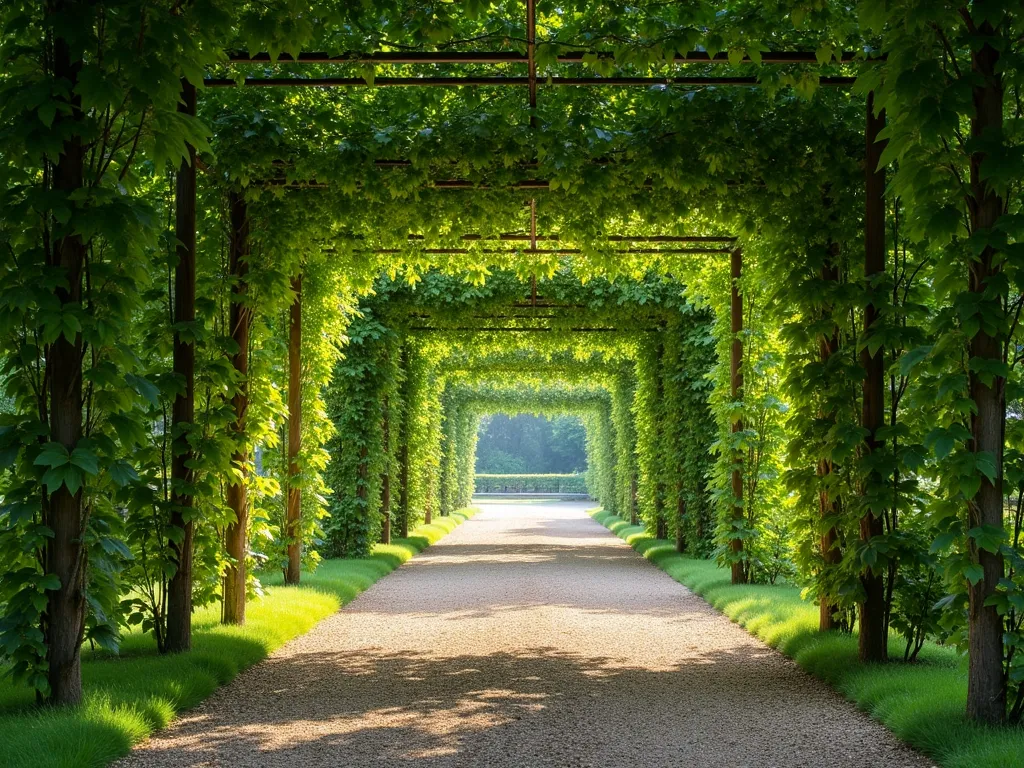 Elegant Pleached Tree Avenue - A stunning formal garden path with perfectly manicured pleached hornbeam trees creating an elevated natural archway, casting dappled sunlight on a gravel walkway below. The trees form neat, rectangular green canopies on clean stems, creating an architectural living tunnel effect. Soft morning light filters through the leaves, creating beautiful shadows on the path. Professional landscape photography style, ultra-detailed, atmospheric.