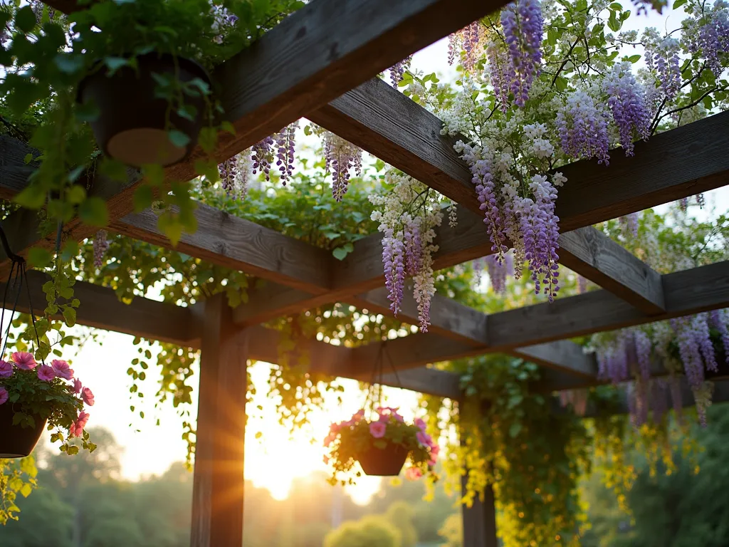 Enchanted Hanging Garden Canopy - A stunning overhead pergola with a lush living canopy of cascading plants, photographed during golden hour. Multiple hanging baskets overflow with purple wisteria, white jasmine, and pink trailing petunias creating a dreamy ceiling garden. Dappled sunlight filters through the foliage, creating magical light patterns below. The structure features weathered wooden beams with ornate iron hanging brackets supporting various levels of suspended planters. The perspective is shot from below looking up, capturing the dimensional layers of trailing greenery and blooms in a fine art photography style.