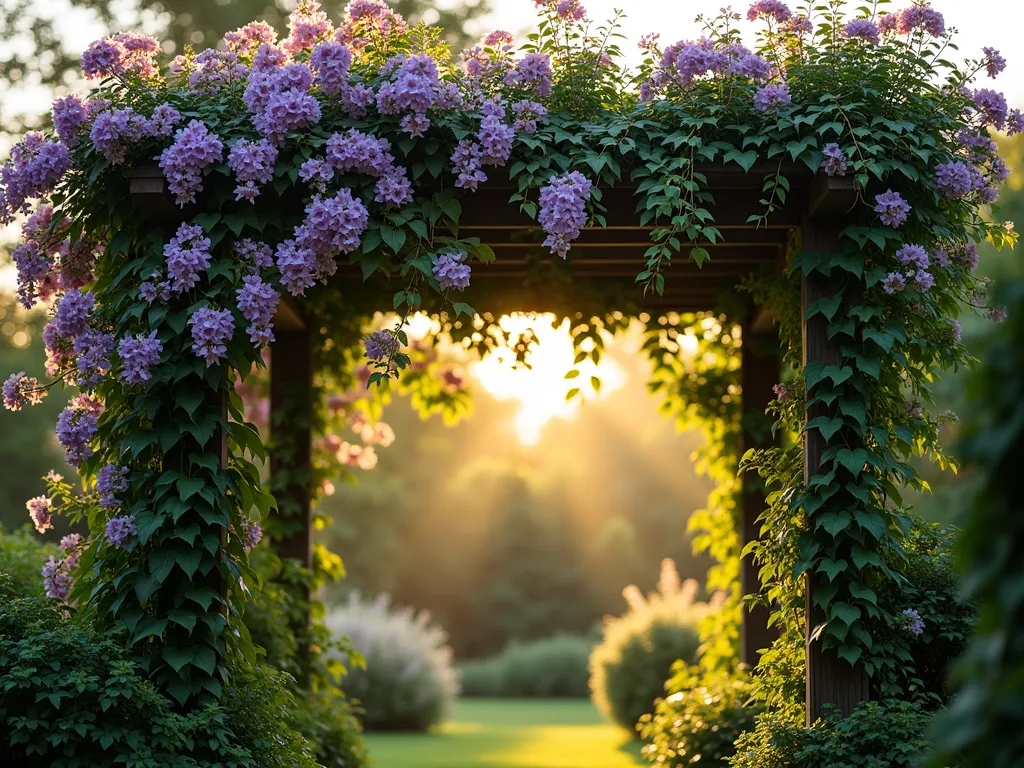 Enchanted Mixed Climbing Garden Canopy - A dreamy garden pergola covered in intertwining climbing plants, shot during golden hour. Cascading purple clematis flowers blend with fragrant pink honeysuckle blooms and delicate morning glory vines. Dappled sunlight filters through the lush, layered canopy creating magical light patterns below. The sturdy wooden pergola structure is almost completely covered in dense, varied foliage in different shades of green. Perspective shot showing depth and height of the living canopy with some blooms catching golden sunlight.