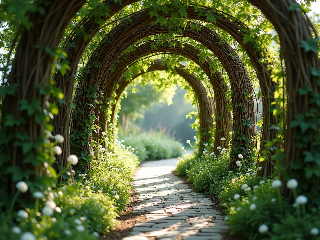 Enchanted Willow Garden Tunnel - A magical garden pathway featuring a living willow arch tunnel, with sunlight filtering through its woven branches creating dappled shadows. The willow branches are artfully woven in a cathedral-like archway pattern, creating a lush green tunnel. Small white flowers and climbing vines intertwine with the willow branches. The natural tunnel is set in a whimsical cottage garden setting with a winding stone path beneath. Soft, ethereal lighting gives the scene a dreamy, fairy-tale quality.