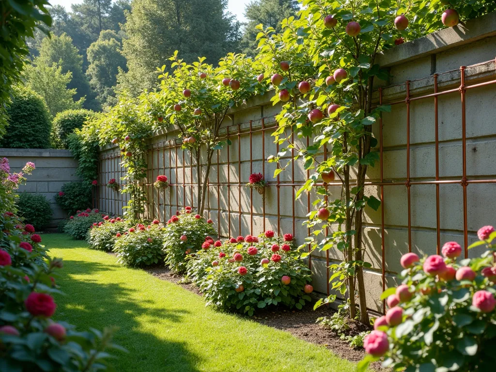 Elegant Espalier Apple Tree Screen - A sunlit garden scene featuring an elegant espalier fruit tree screen spanning 15 feet, with apple trees trained horizontally along weathered copper wires. The trees form perfect geometric patterns against a light stone wall, with ripe apples hanging from the orderly branches. Dappled sunlight creates intricate shadows, while climbing roses adorn the edges. The formal pattern creates a living fence effect, photographed in a dreamy, lifestyle garden setting with a natural depth of field, 4k, ultra-detailed