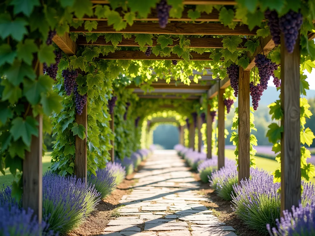 Elegant Grape Vine Covered Garden Arbor - A sunlit garden scene featuring a beautiful wooden arbor walkway covered with lush, cascading grapevines. The vines create dappled shadows on the stone pathway below, while clusters of ripening purple grapes hang gracefully from the canopy. The arbor structure is crafted from weathered cedar, creating a rustic yet elegant appearance. Soft afternoon light filters through the grape leaves, creating a magical, Mediterranean atmosphere. The perspective shows depth, with the arbor extending into the distance, surrounded by manicured garden beds with lavender borders.