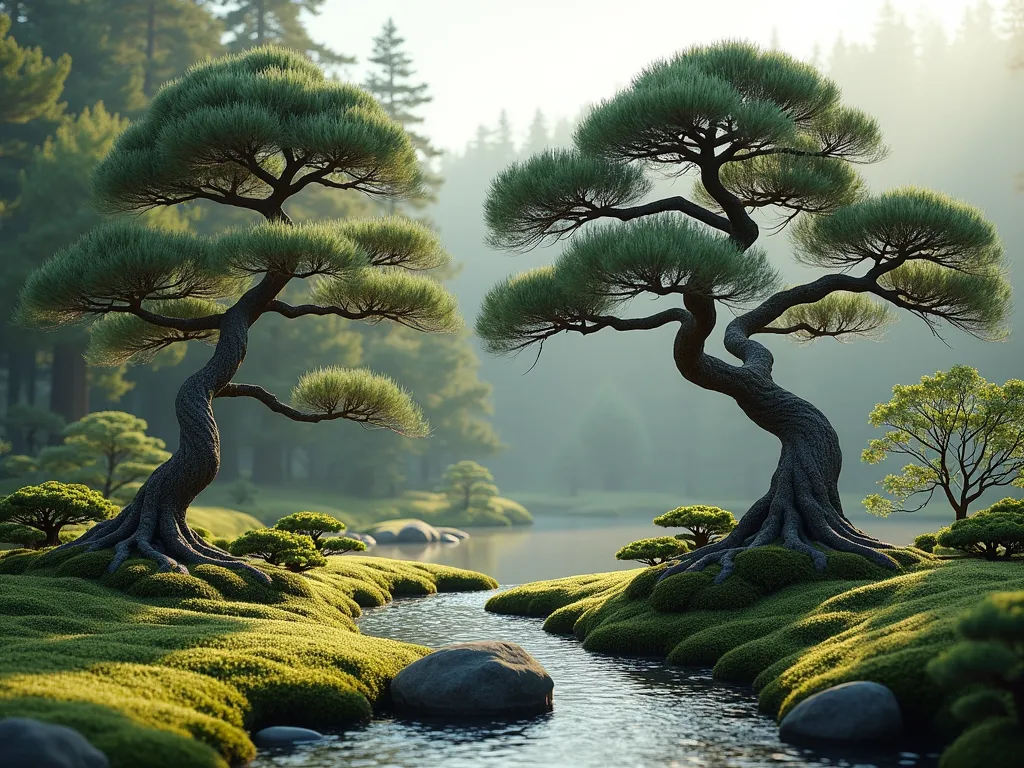 Japanese Cloud-Pruned Tree Garden Canopy - A serene Japanese garden featuring elegant cloud-pruned pine trees with gracefully sculpted horizontal branches creating a natural canopy, casting gentle dappled shadows on a peaceful zen garden below. The trees are meticulously shaped in the niwaki style, with soft, cloud-like formations. Soft morning light filters through the artistic branches, illuminating a minimalist landscape with moss ground cover and smooth stones. Photorealistic, high detail, architectural photography style.