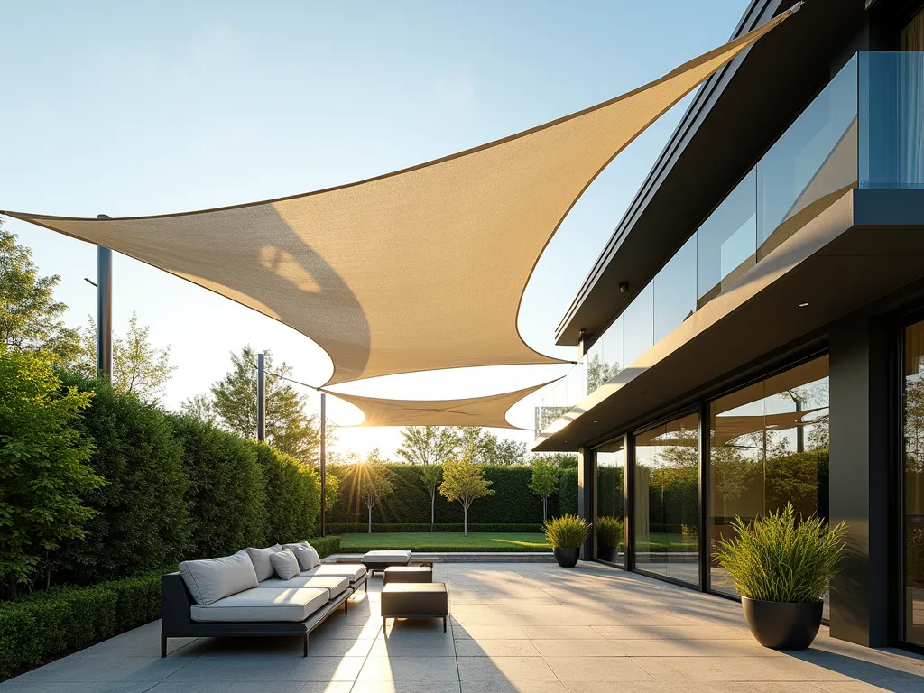 Elegant Layered Sail Canopy Garden - A stunning modern garden patio with overlapping triangular fabric sail canopies in soft ivory, sage green, and pale blue, suspended at varying heights. The sunlight filters through creating dynamic shadow patterns on the natural stone patio below. The sails are elegantly tensioned between sleek stainless steel posts, creating an artistic geometric pattern against the blue sky. Comfortable modern outdoor furniture sits beneath, with lush potted plants adding natural elements to the contemporary design. Photorealistic, architectural photography style, golden hour lighting.