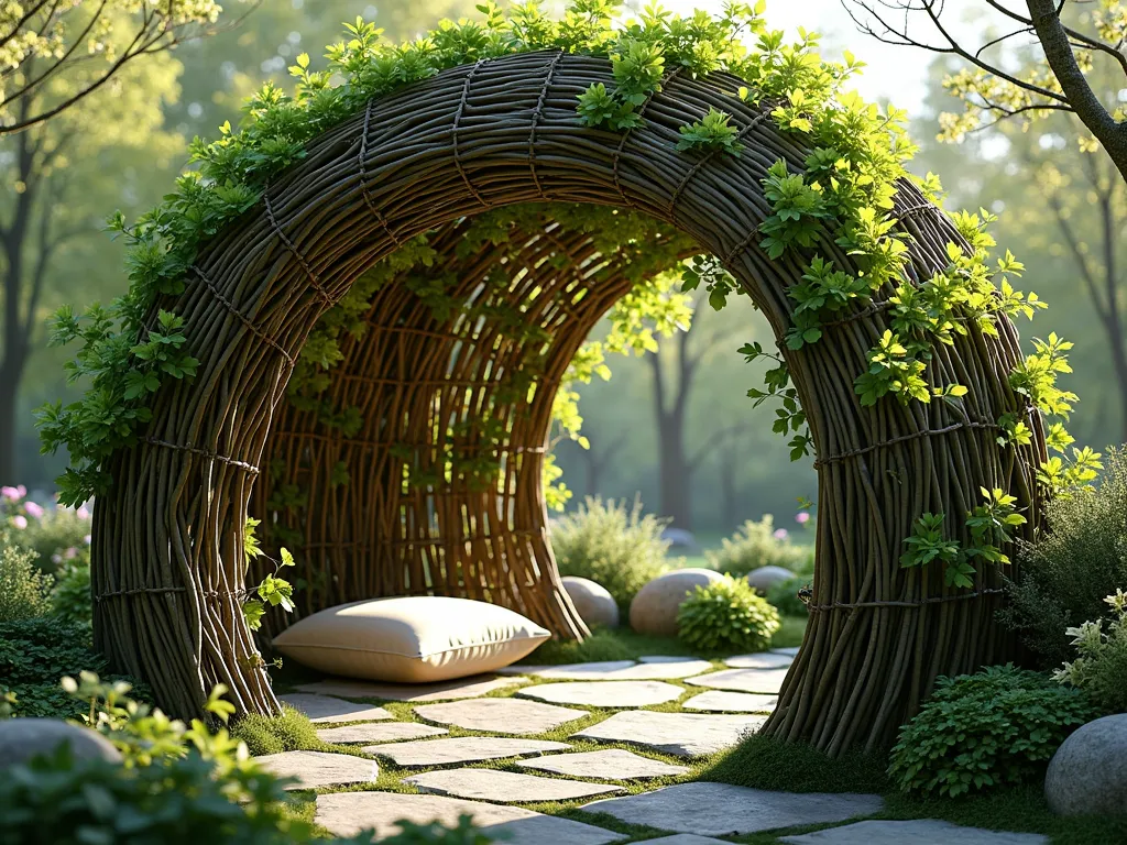 Enchanted Living Willow Dome Garden Retreat - A magical garden dome structure created from living woven willow branches, 8 feet tall, forming an organic spherical shelter. Soft natural lighting filters through the green willow leaves, creating dappled shadows on the ground. A small meditation cushion sits inside on natural stone pavers. The willow branches are artistically woven in an intricate pattern, with new spring growth sprouting from the structure. Photorealistic, ethereal atmosphere, soft afternoon light, 4k quality, architectural detail