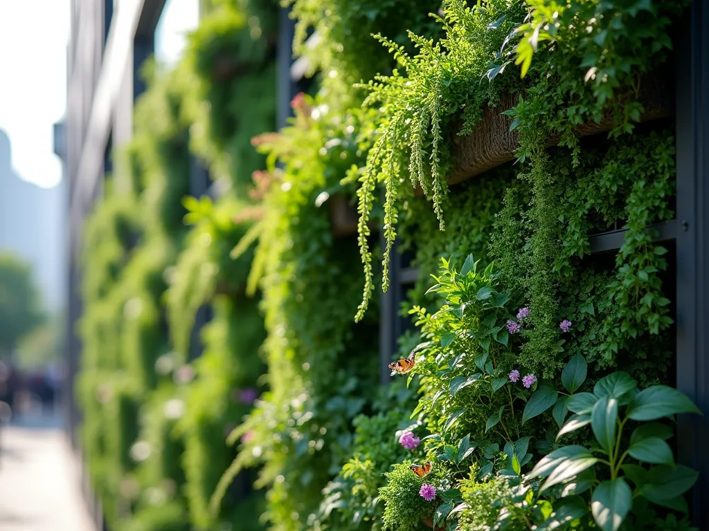 Lush Living Green Wall Garden - A photorealistic vertical garden wall in an urban setting, featuring cascading layers of vibrant green foliage. Multiple textures of plants create a stunning natural tapestry, with delicate climbing vines, trailing ferns, and compact pocket plantings. Soft natural lighting highlights the dimensional quality of the living wall, while small butterflies and bees visit flowering sections. The wall appears sophisticated and well-maintained, with a modern architectural frame and professional installation system. The varied shades of green create depth and visual interest, while flowering plants add subtle pops of color throughout the composition. Shot with shallow depth of field, emphasizing the lush, organic texture of the living wall.