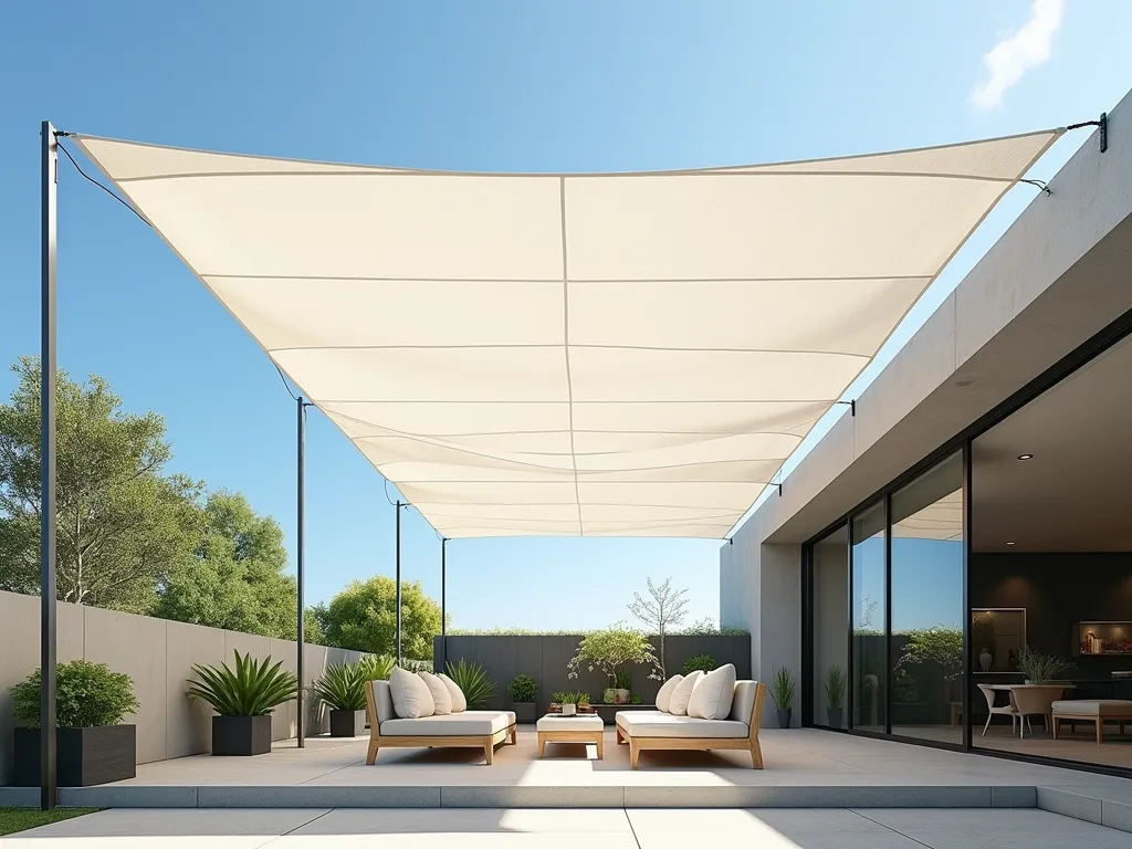 Modern Canvas Strip Garden Cover - A modern garden patio with sleek parallel white canvas strips suspended overhead, creating dramatic alternating patterns of sunlight and shade. The contemporary design features clean lines and minimalist aesthetics, with the canvas strips floating elegantly against a blue sky. The strips are mounted on modern steel cables, creating a sophisticated architectural element. Below, modern outdoor furniture and potted plants are partially shaded by the artistic play of light and shadow, hyperrealistic, architectural photography style